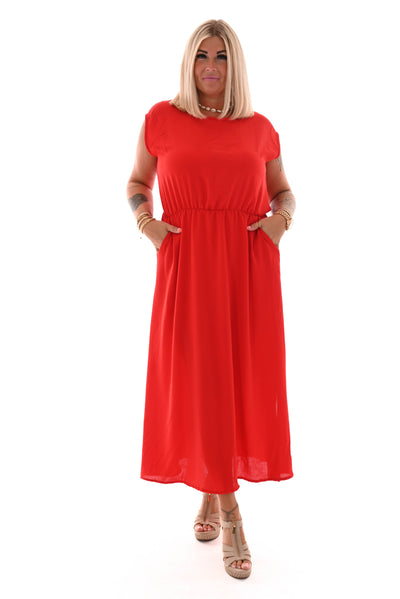 Rosalin | Langes Kleid mit Taschen uni rot