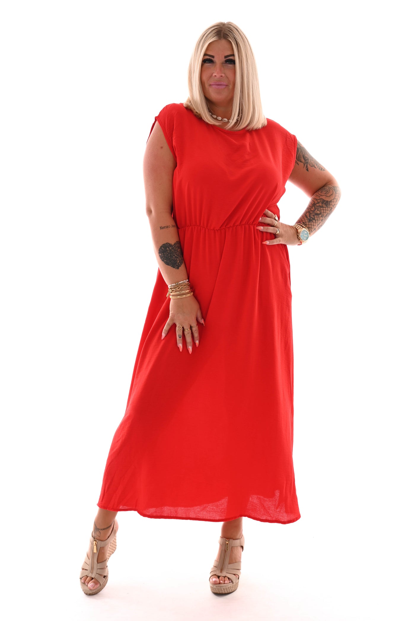 Rosalin | Langes Kleid mit Taschen uni rot