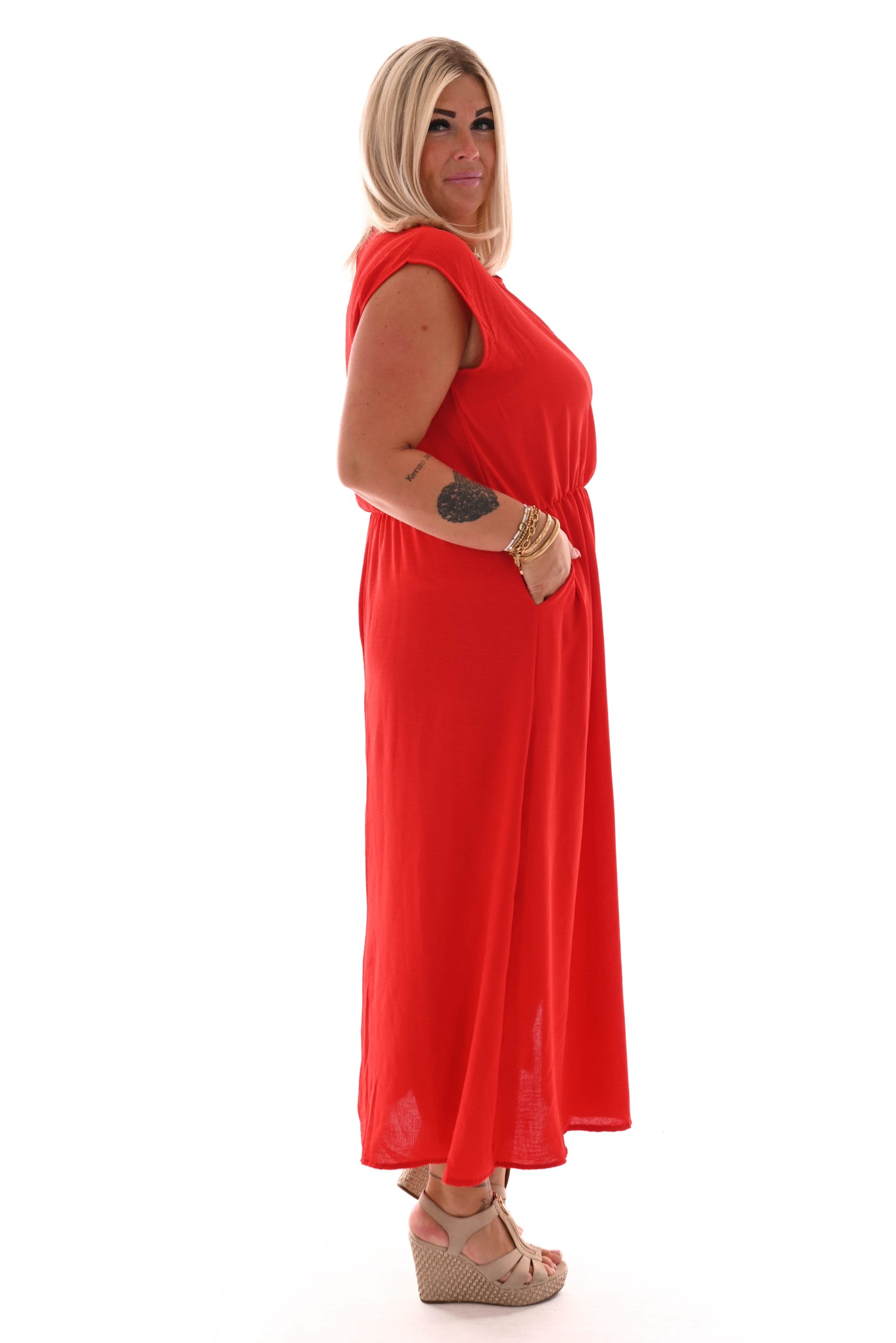 Rosalin | Langes Kleid mit Taschen uni rot