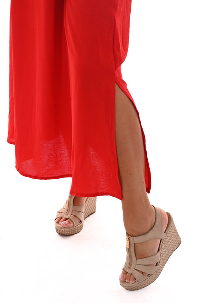 Rosalin | Langes Kleid mit Taschen uni rot