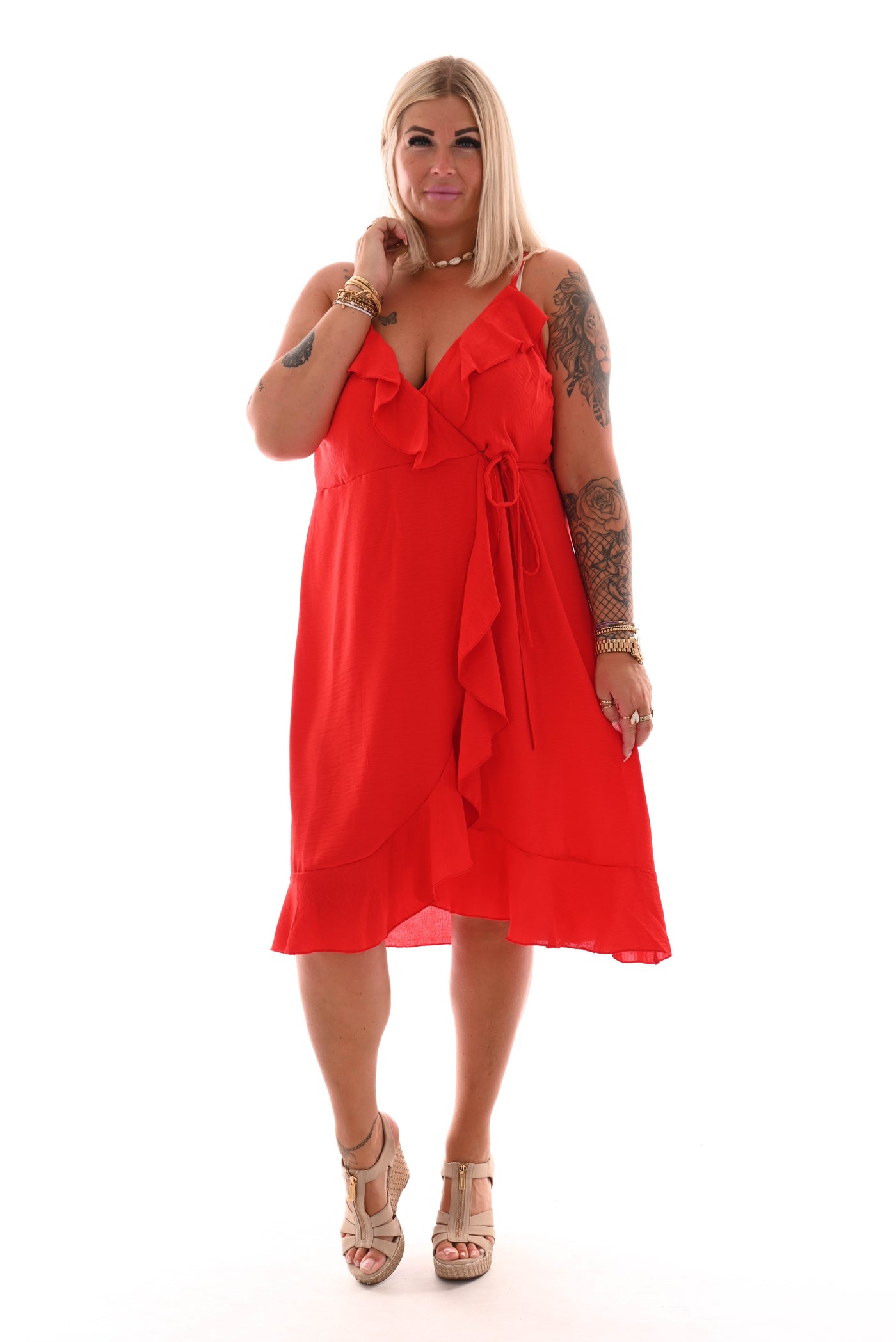 Claudia| Midi Wickelkleid Spaghetti-Träger Rüschen uni rot