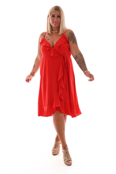 Claudia| Midi Wickelkleid Spaghetti-Träger Rüschen uni rot