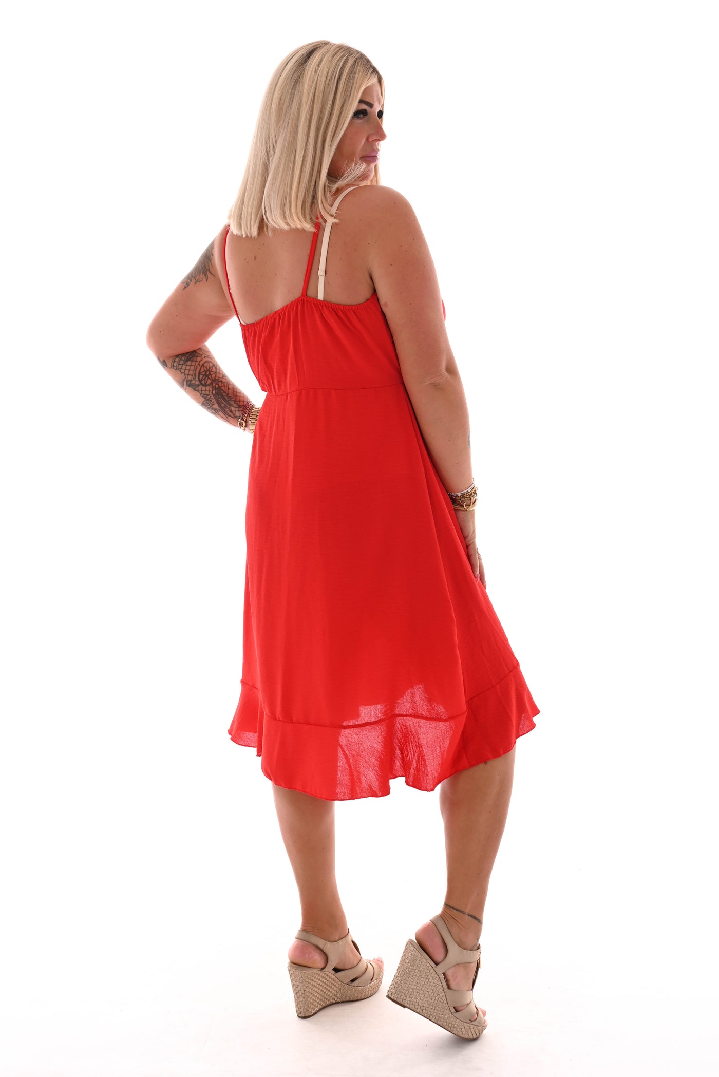 Claudia| Midi Wickelkleid Spaghetti-Träger Rüschen uni rot