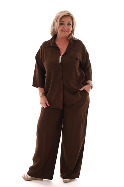 Heidi | Zweiteiliges Set Bluse mit Brusttasche uni dunkelbraun