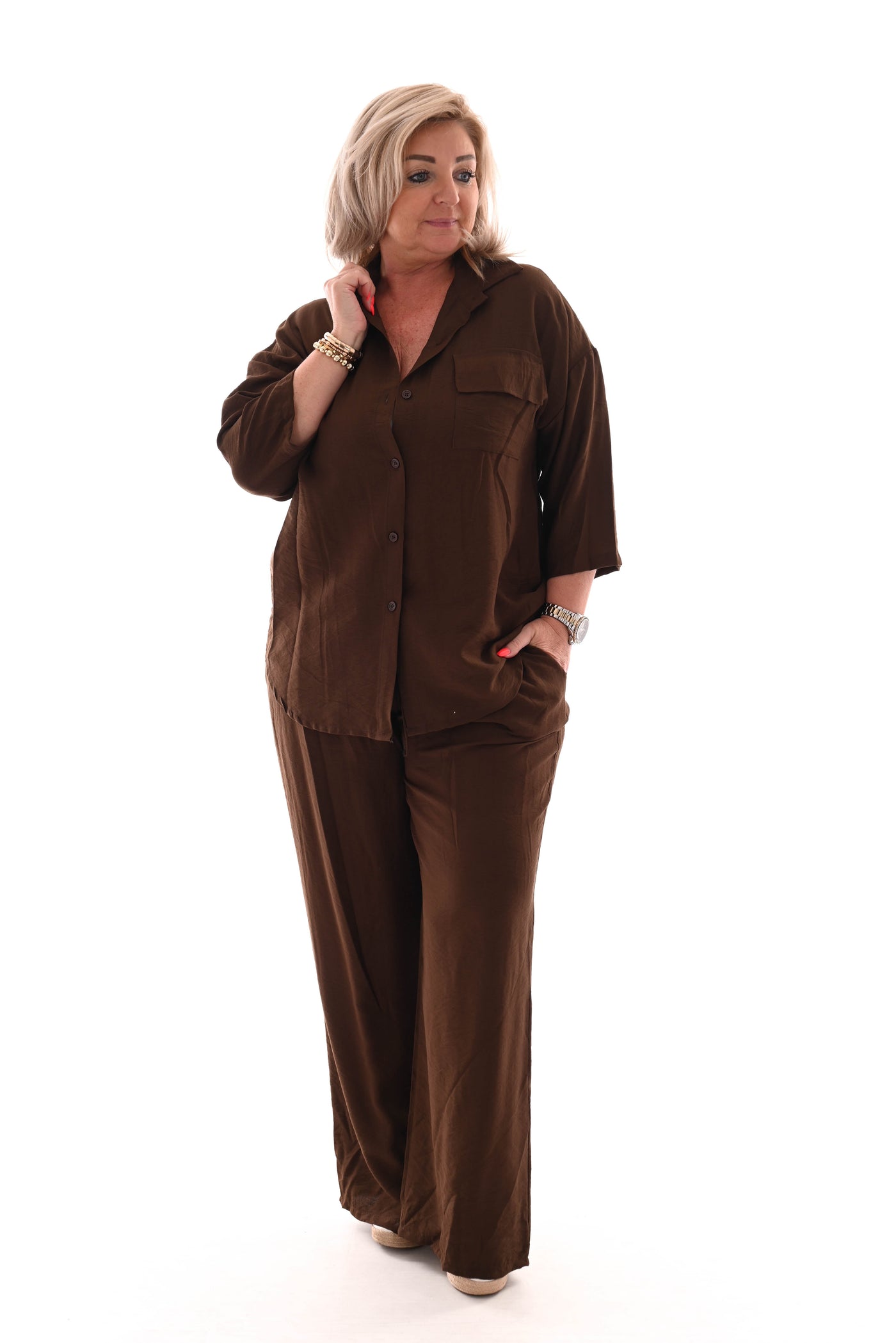 Heidi | Zweiteiliges Set Bluse mit Brusttasche uni dunkelbraun