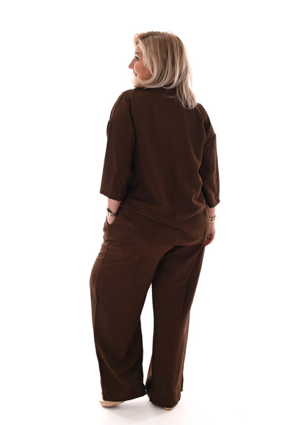 Heidi | Zweiteiliges Set Bluse mit Brusttasche uni dunkelbraun