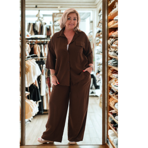 Heidi | Zweiteiliges Set Bluse mit Brusttasche uni dunkelbraun