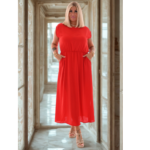 Rosalin | Langes Kleid mit Taschen uni rot