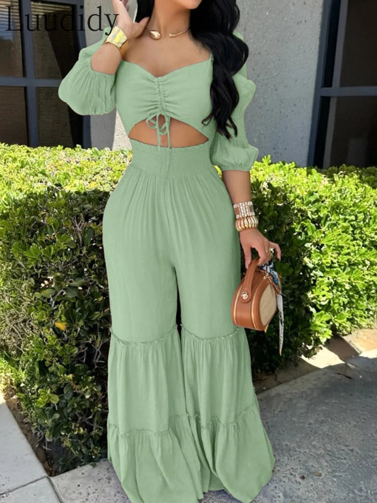 Yasmin | Sexy Quadratischer Ausschnitt Lange Ärmel Geraffte Jumpsuit