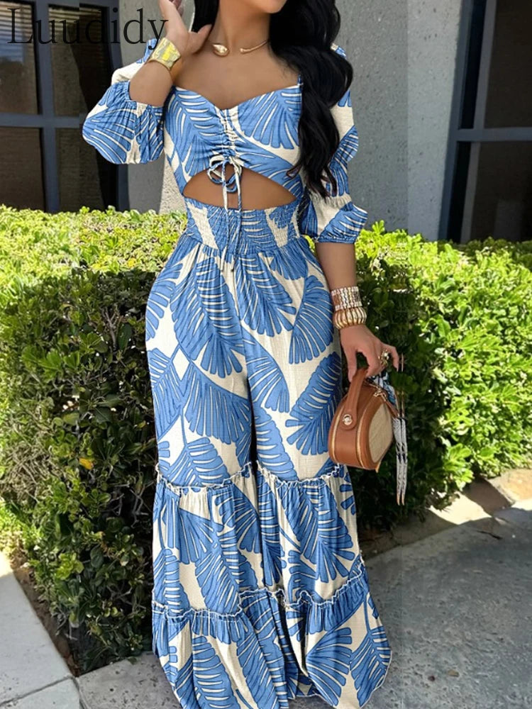 Yasmin | Sexy Quadratischer Ausschnitt Lange Ärmel Geraffte Jumpsuit