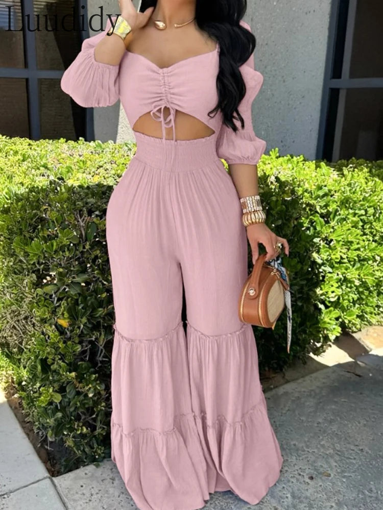 Yasmin | Sexy Quadratischer Ausschnitt Lange Ärmel Geraffte Jumpsuit