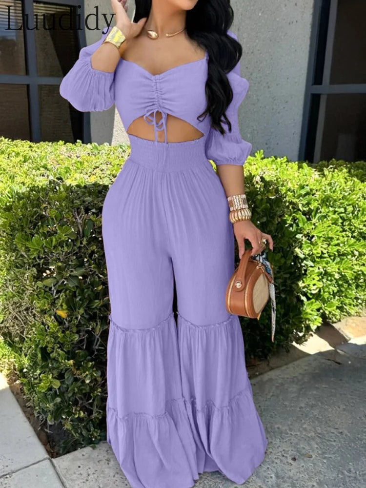 Yasmin | Sexy Quadratischer Ausschnitt Lange Ärmel Geraffte Jumpsuit